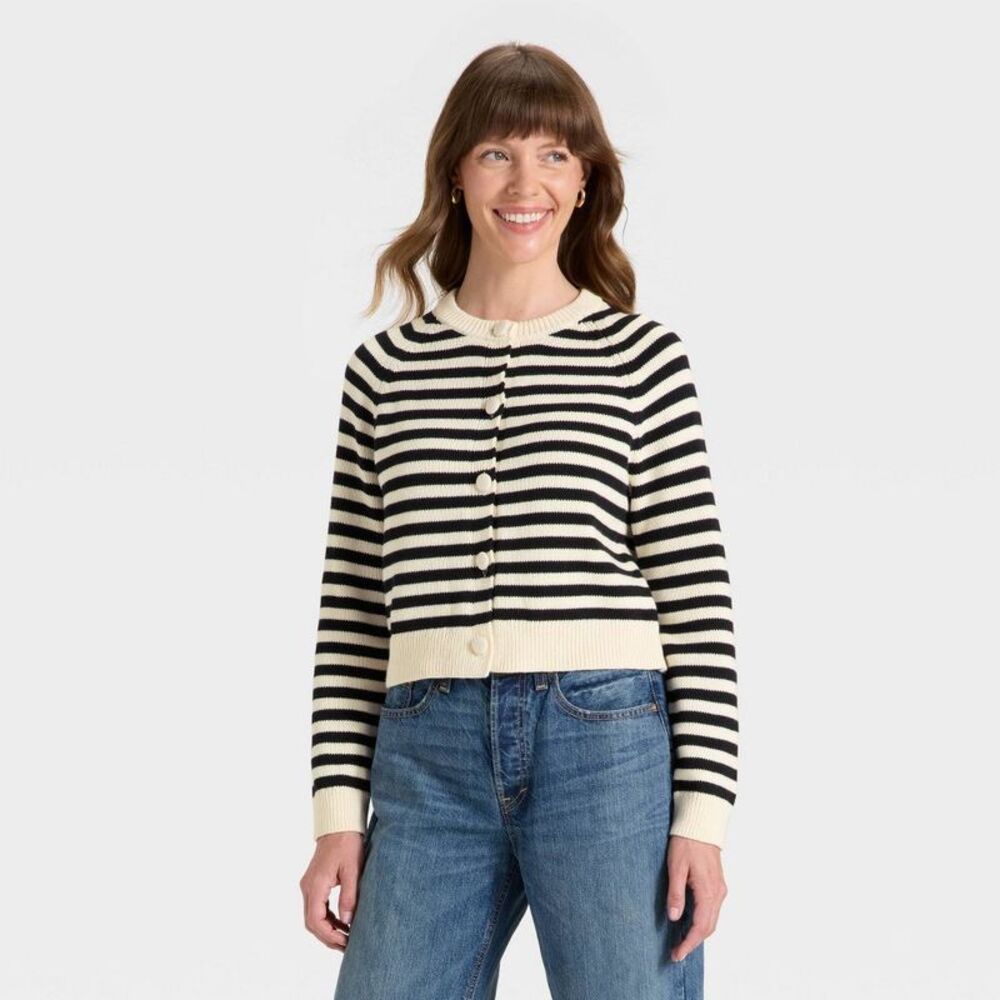 Women's Button-Down Cardigan - Universal Thread Black Striped M